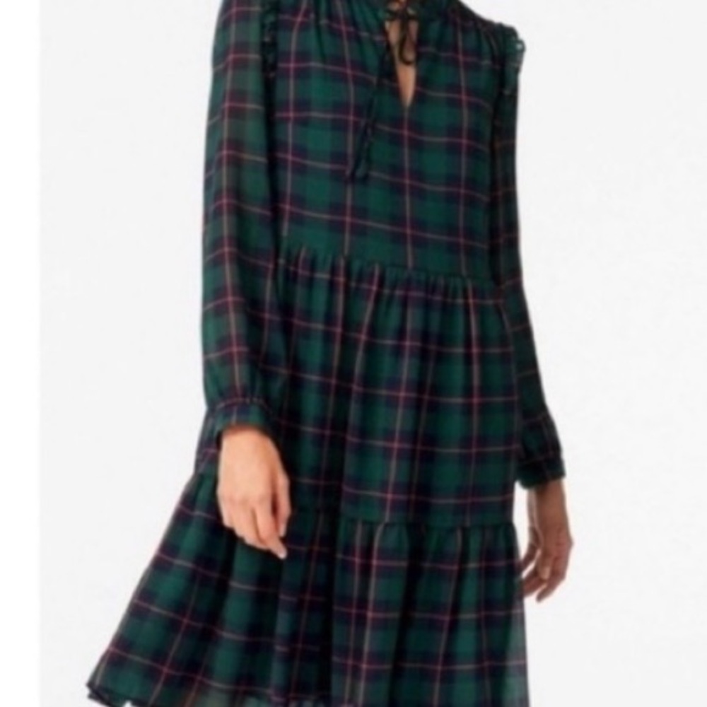 J. Crew Dark Green Plaid Tiered Long Sleeve Dress - Picture 2 of 16
